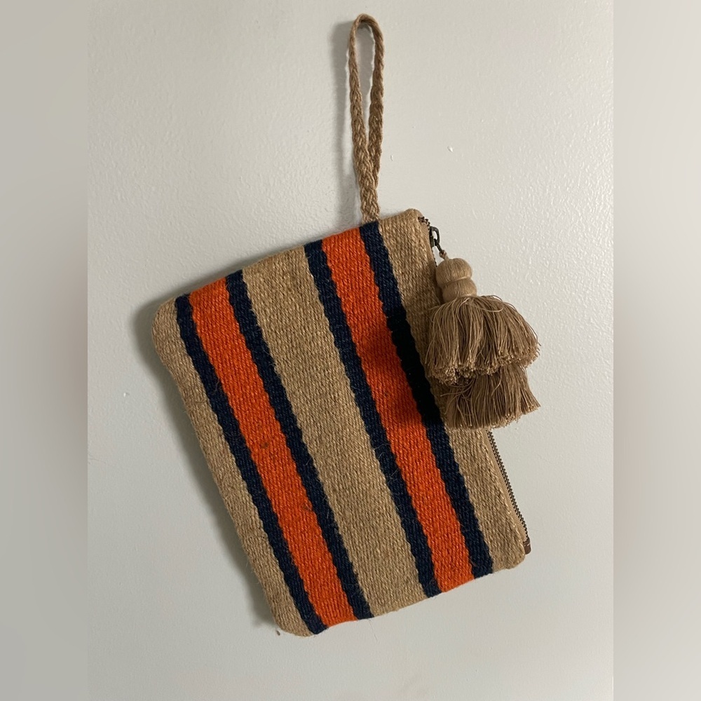 J Jill Women's Burlap Weave Jute Stripe Tassel Wristlet Clutch